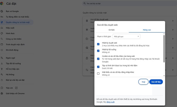 Xóa cache và cookie trình duyệt Xóa cache và cookie trình duyệt