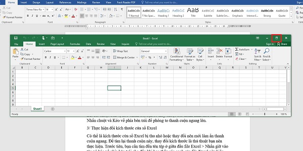 đổi kích thước cửa sổ Excel 
