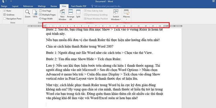 Thanh Ruler trong Word bị ẩn