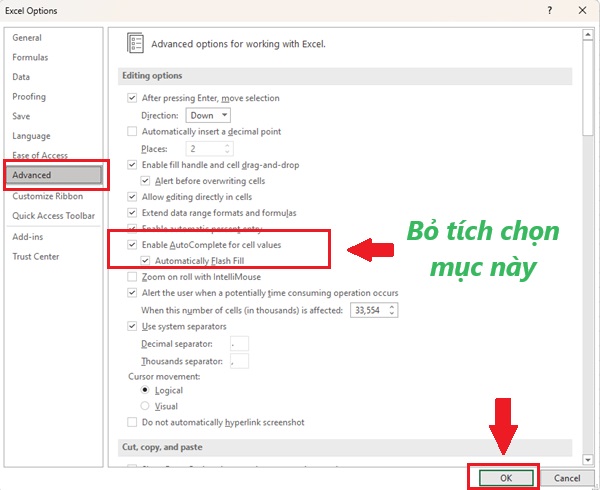 Bỏ chọn Enable Autocomplete for cell value