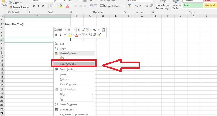 Mất chức năng Paste Special trong Excel
