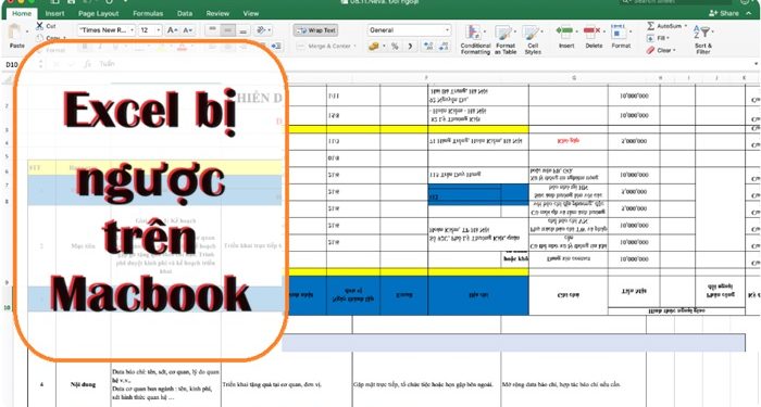Excel bị ngược trên Macbook