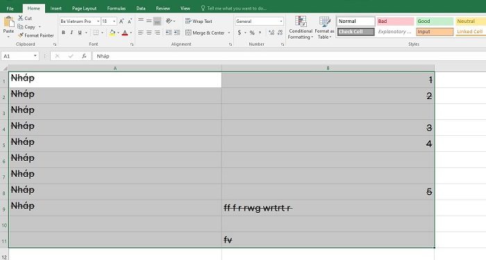 lỗi Excel bị gạch ngang chữ