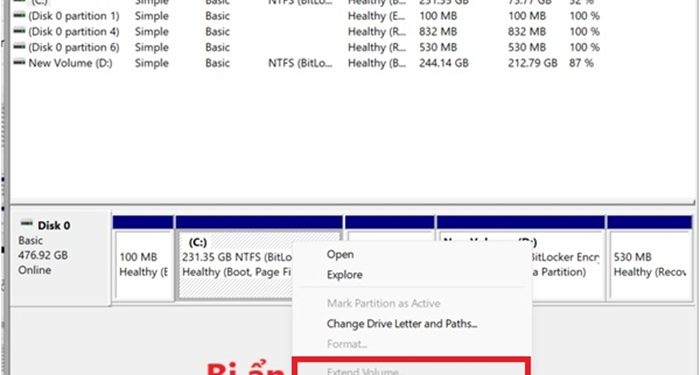Extend Volume ổ C bị ẩn