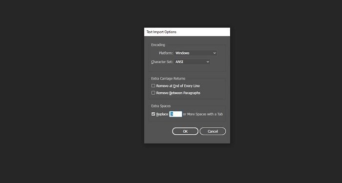 lỗi Text Import options Illustrator