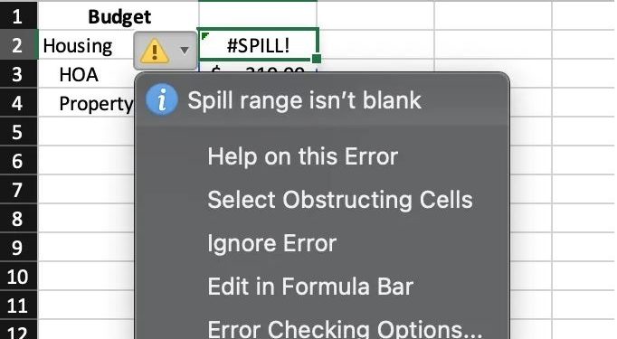 Lỗi SPILL range isn t blank